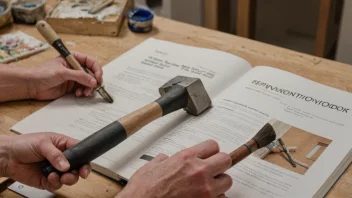 En person leser en bok med en hammer og pensel i bakgrunnen