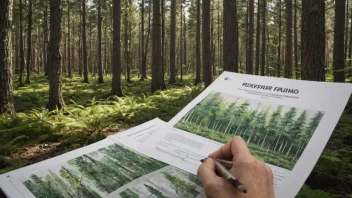 Et bilde av en skog med en plan i forgrunnen, som symboliserer sammenhengen mellom skogplanlegging og bærekraftige praksiser.