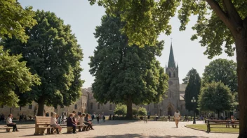 En fredelig kirkeplass med en vakker kirke i bakgrunnen, omgitt av grønne trær og benker, hvor mennesker nyter en fredelig atmosfære.