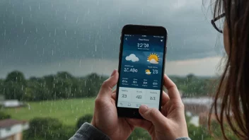 En person som sjekker værmeldingen på telefonen sin, med en regnfull dag utenfor.