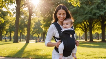 En person som bærer en babybærer med et lykkelig barn inni, går i en park.