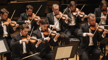 En stor gruppe musikere som spiller ulike instrumenter sammen i en stor konsert sal.