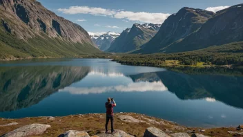 En fotograf tar et bilde av et vakkert norsk landskap med en fjellkjede i bakgrunnen og en innsjø i forgrunnen.