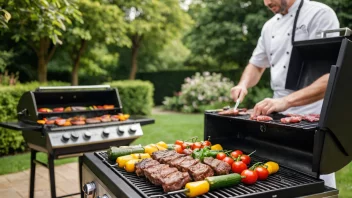 En gassgrill med en kokk som griller kjøtt og grønnsaker.