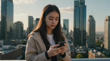 En ung person som bruker en mobiltelefon, med en by i bakgrunnen.