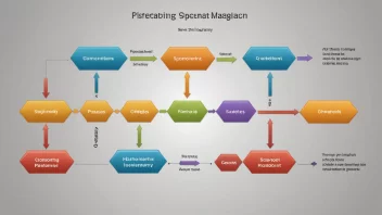 En illustrasjon av en flytdiagram eller en prosessdiagram med ulike faser og trinn, som representerer en systematisk tilnærming til å gjennomføre en prosess eller et prosjekt.