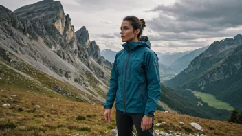 En person som bærer en vanntett og pustende trekkingskåpe, med et naturskjønt fjellandskap i bakgrunnen.