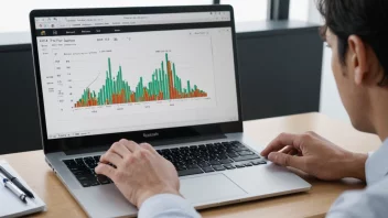 En person som analyserer data på en dataskjerm med en graf som viser en oppadgående trend, noe som indikerer en økende interesse for trendinformasjon.