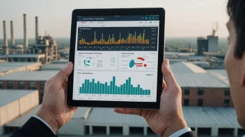 En person som analyserer finansielle data på en tablet, med en fabrikk eller kontorbygning i bakgrunnen.