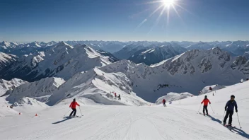 En solrik dag i Alpene med mennesker som går på ski og snowboard.