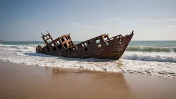 Et gammelt båtvrak på en strand.