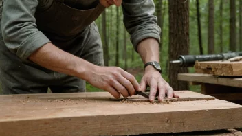 En person i beskyttelsesutstyr som arbeider med tømmerbehandling, med en bakgrunn av en skog eller en treverksted.