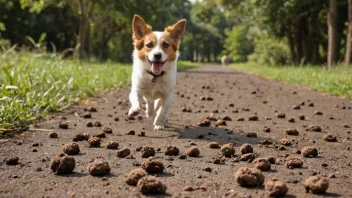 Et bilde av dyremøkk på bakken, med en hund som løper rundt i bakgrunnen.