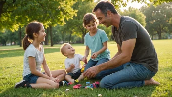 En far som leker med sine barn i en park, symboliserer en lykkelig familie