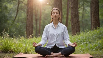 En person som sitter i stillhet, omgitt av natur, med en fredelig og meditativ atmosfære.