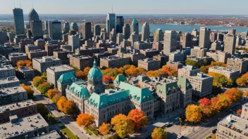 Flyfoto av Montreal by med sin unike arkitektur og livlige kunstscene