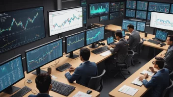 Et bilde som representerer et markedsscenario med mennesker som analyserer data og diagrammer.