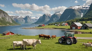 En illustrasjon av en norsk gård med en traktor, kuer og en fiskebåt i bakgrunnen.