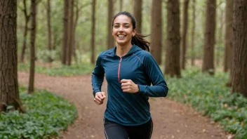 En person i sportstøy som løper i en park med et stort smil på ansiktet.