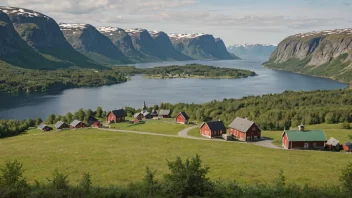 Et idyllisk norsk landskap med en liten landsby eller gård i bakgrunnen.