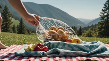 En person som holder et matnett over et piknikkteppe, med en naturskjønn bakgrunn.