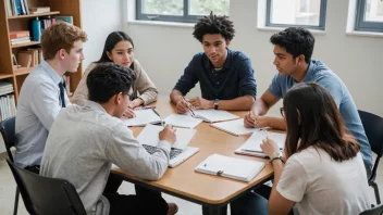 En gruppe tredjeårsstudenter som diskuterer og ler sammen.