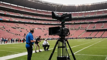 Et fotballstadion med en TV-sendingsteam som setter opp utstyr for å sende en direktesendt fotballkamp