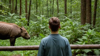 En person som observerer dyr i deres naturlige habitat, med et uttrykk av fascinasjon og interesse.