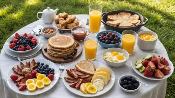 Et vakkert dekket bord med en rekke frokostretter, inkludert egg, pannekaker og frukt, ute på en solrik dag.