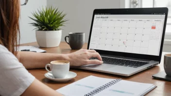 En person som jobber hjemmefra med en laptop og en kopp kaffe, med en diskret bakgrunn av en kalender eller en planner.