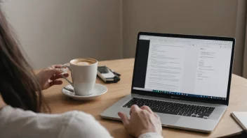 En person som leser en instruksjonsartikkel på en dataskjerm, med en kopp kaffe og en notatbok i nærheten.