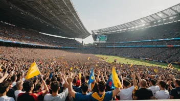 Et fullsatt fotballstadion med begeistrede tilskuere som heier og vifter med flagg, og skaper en elektrisk atmosfære.