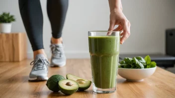 En helsefreak i sportstøy, som løper eller trener, med en grønn smoothie eller et sunt måltid i bakgrunnen.