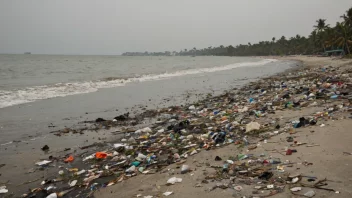 En forurenset kyst med søppel og avfall spredt langs stranden og i vannet.