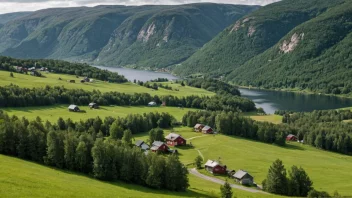 Et pittoreskt ruralområde i Norge med en blanding av åser, skoger og hus.