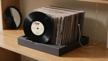 Et skivestativ som holder en vinylplate, med en ren og minimalistisk bakgrunn.