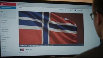 En person som overvåker en overvåkingsskjerm med et norsk flagg i bakgrunnen.