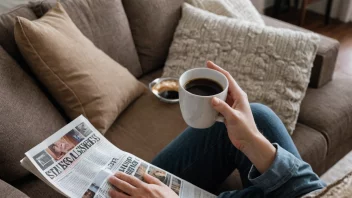 En person som leser et vekeblad på en komfortabel sofa.