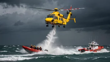 Et redningsteam i aksjon, med en helikopter og redningsbåter, i et dramatisk og stormfullt vær