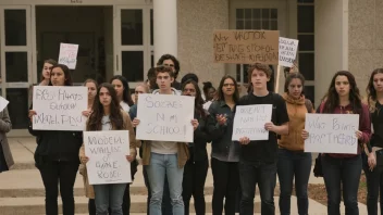 Elever som protesterer utenfor en skolebygning.