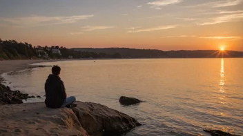 En person som nyter en fredelig aften ved vannet, med solnedgangen i bakgrunnen.