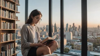 En person leser en bok i et bibliotek med en bysilhuett i bakgrunnen.