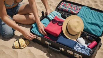 En person pakker en koffert med ulike ferieutstyr, som solbriller, solkrem og en strandhåndkle.