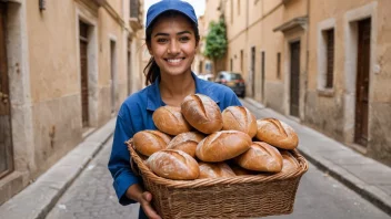 En glad leveringsperson som holder en kurv med nybakt brød.