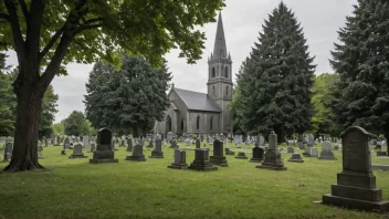 Et fredelig kirkegård med gamle gravsteiner og en kirke i bakgrunnen