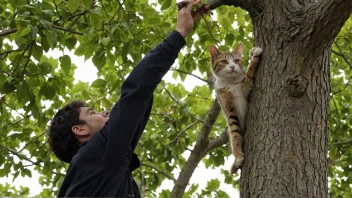 Ein person reddar ein katt frå eit tre