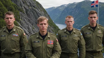 En gruppe militærpersonale i uniform, med et norsk flagg i bakgrunnen.