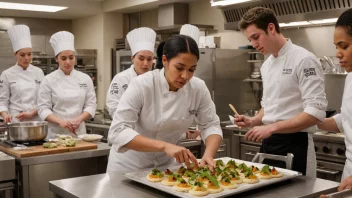 En matlagingsskole med studenter som lager mat i et kjøkken, med ulike kokestasjoner og ingredienser