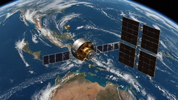 Et satellittkringkastingsystem, med en satellitt i bane rundt jorden og signaler som sendes til og fra satellitten.