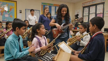 En gruppe elever som spiller musikkinstrumenter sammen i en skole, med en lærer som guider dem.